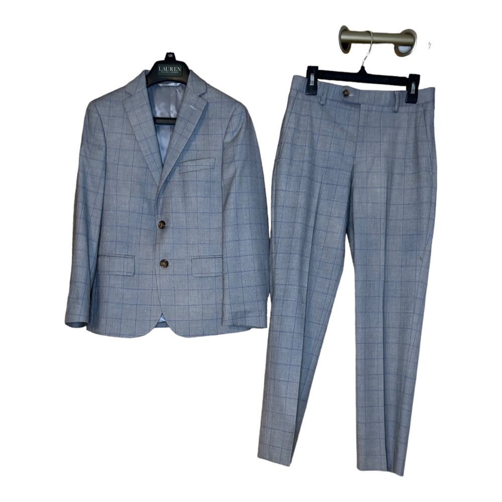Ralph Lauren Light Blue Plaid Boys' Suit Jacket & Pants Set